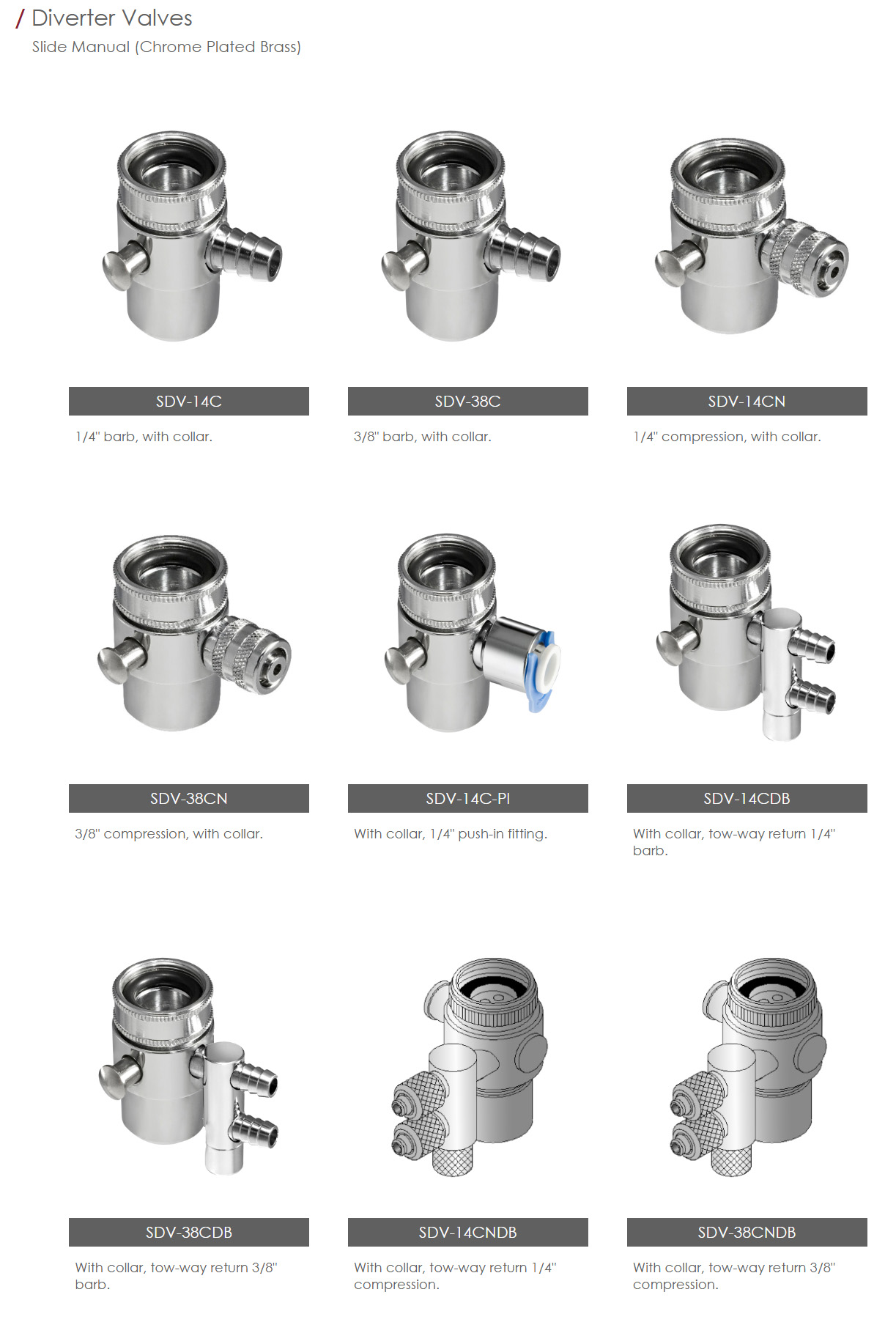 DIVERTER VALVES  SLIDE MANUAL (CHROME PLATED BRASS)